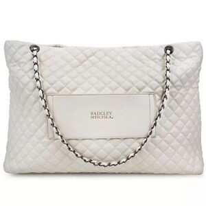 Badgley Mischka Diana XL Vegan Leather Tote Weekend Travel Bag, purse, cream.